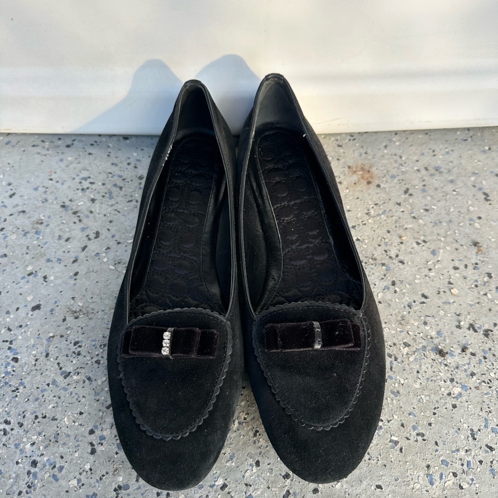 Coach Black Suede Loafers with Rhinestone Bow